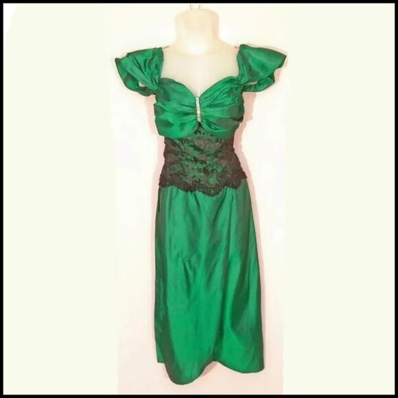 Green Formal Gown, TEA LENGTH with Black Lace Corset VFG Vintage 80s DRAMA - Picture 9 of 16